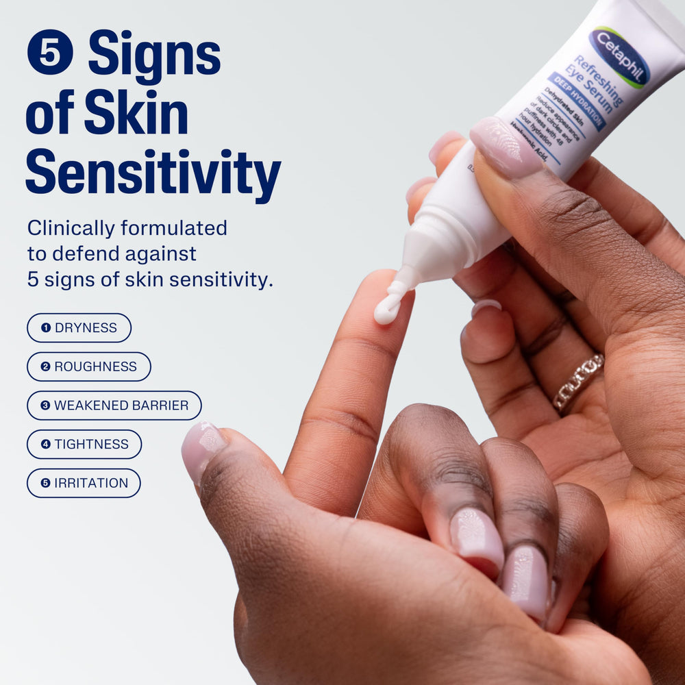 Cetaphil suero de ojos, textura cremosa para cuidado suave.