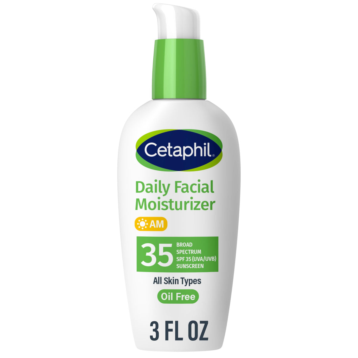 Cetaphil hidratante facial diario SPF 35, botella visible, hidratación suave para piel sensible.