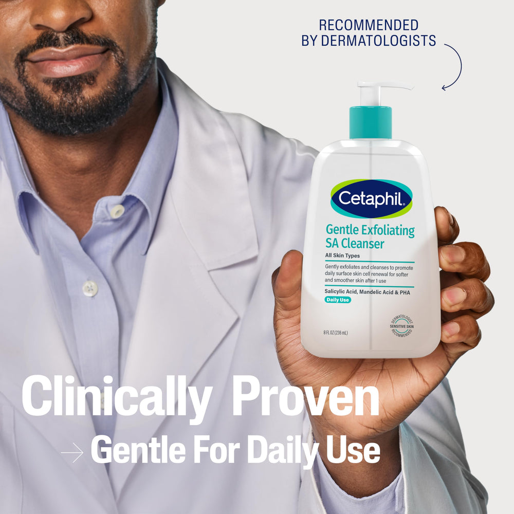 Cetaphil limpiador exfoliante suave, espuma en acción, limpieza sin irritación.