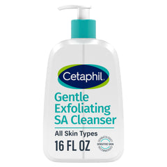 Cetaphil limpiador exfoliante suave, botella frontal, promueve exfoliación suave para piel sensible.