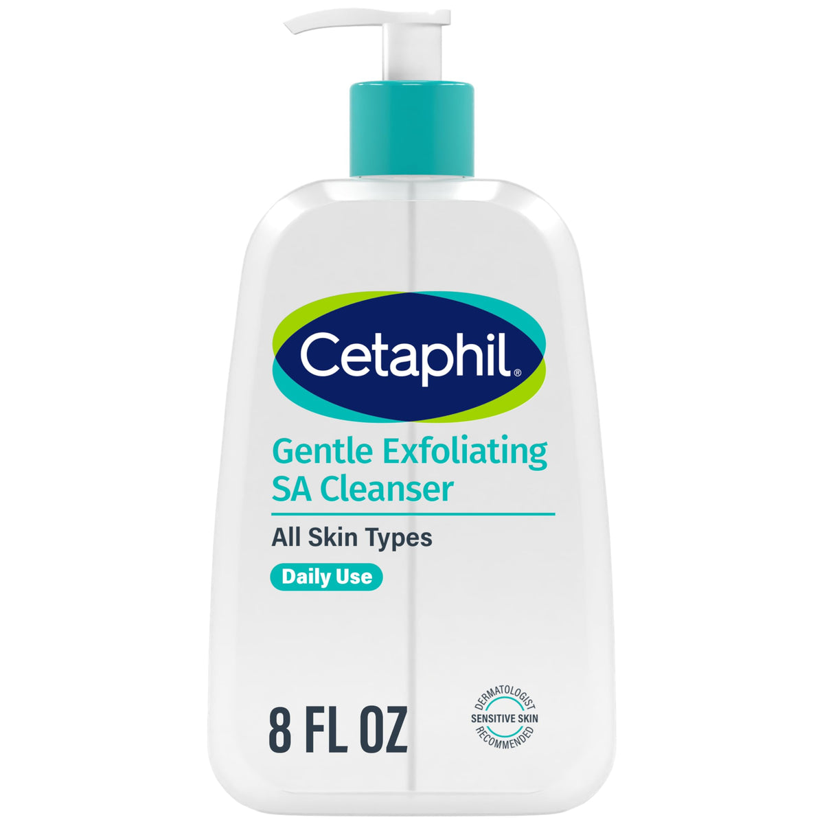 Cetaphil Limpiador Exfoliante Suave SA en botella con dispensador, práctico para uso diario.