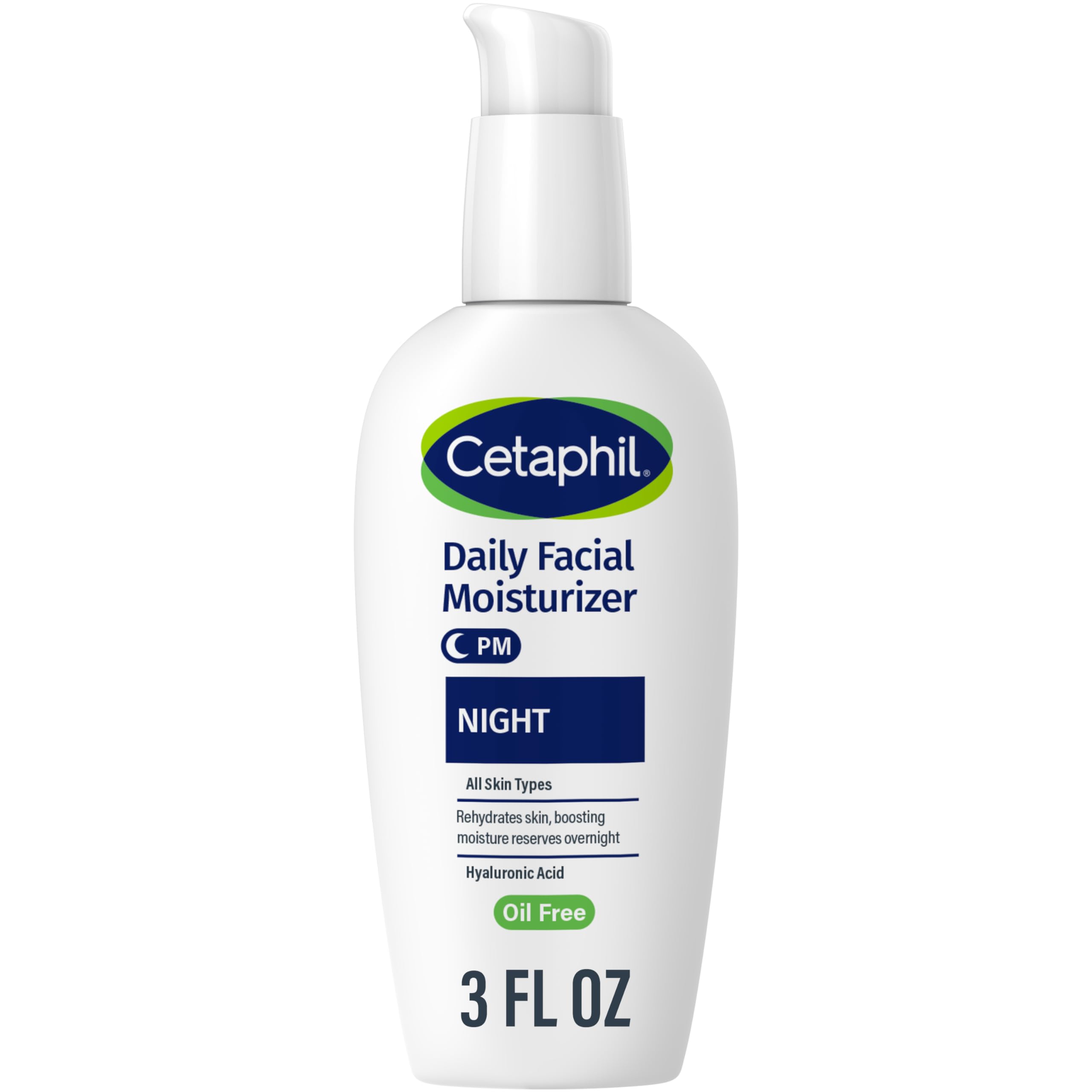 Cetaphil Noche hidratante para rostro, botella sobre mesita para hidratación nocturna.