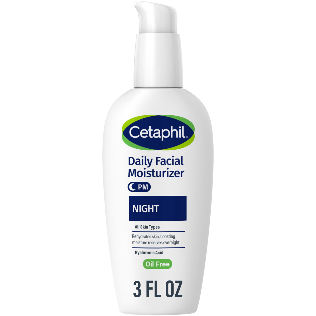 Cetaphil Noche hidratante para rostro, botella sobre mesita para hidratación nocturna.