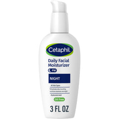 Cetaphil Noche hidratante para rostro, botella sobre mesita para hidratación nocturna.