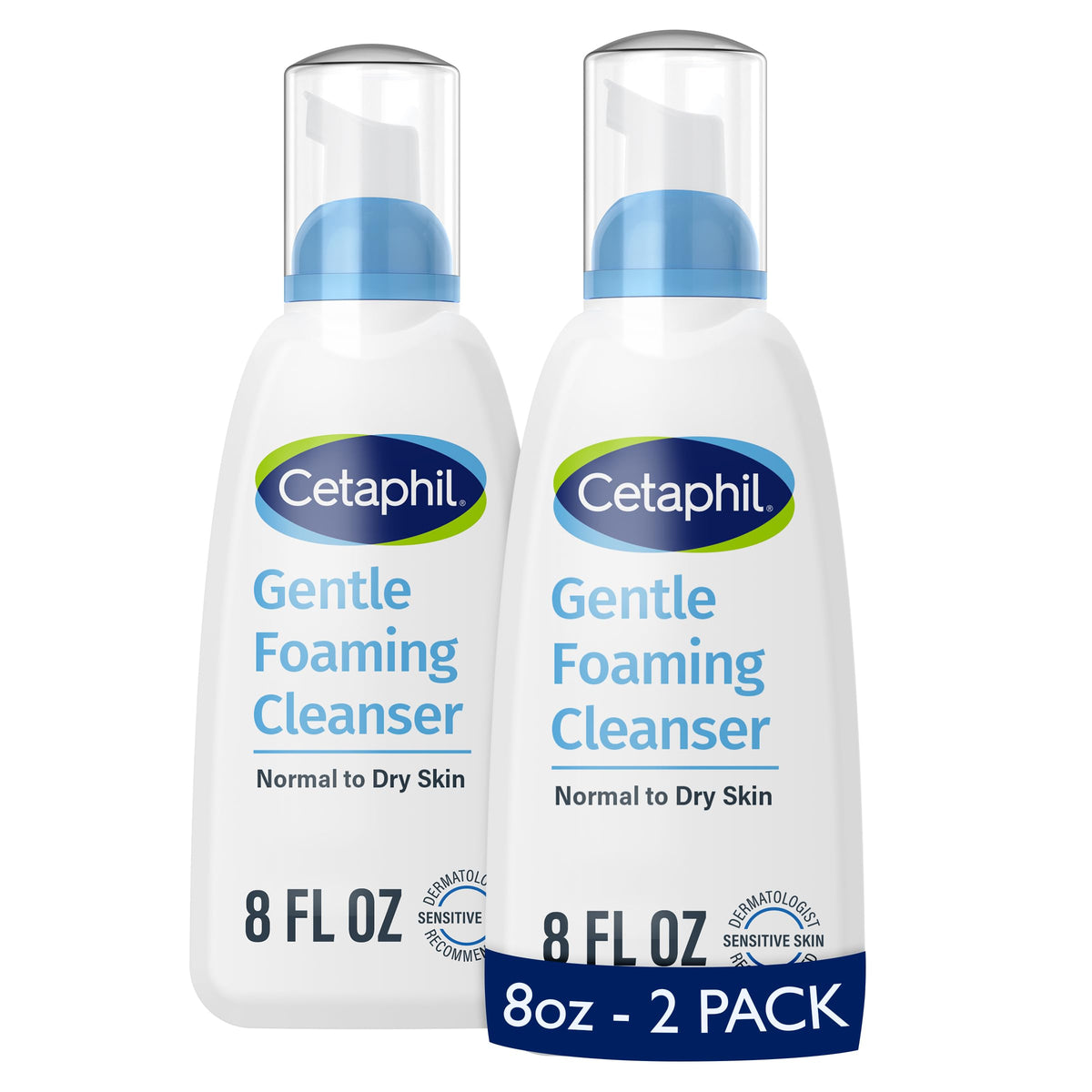 Cetaphil pack de dos botellas, limpiador espumoso suave para piel sensible.