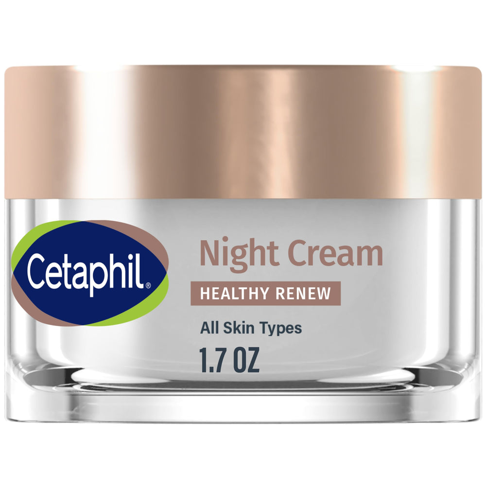 Cetaphil Healthy Renew Night Cream en frasco blanco ofrece hidratación de 48 horas.