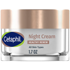 Cetaphil Healthy Renew Night Cream en frasco blanco ofrece hidratación de 48 horas.