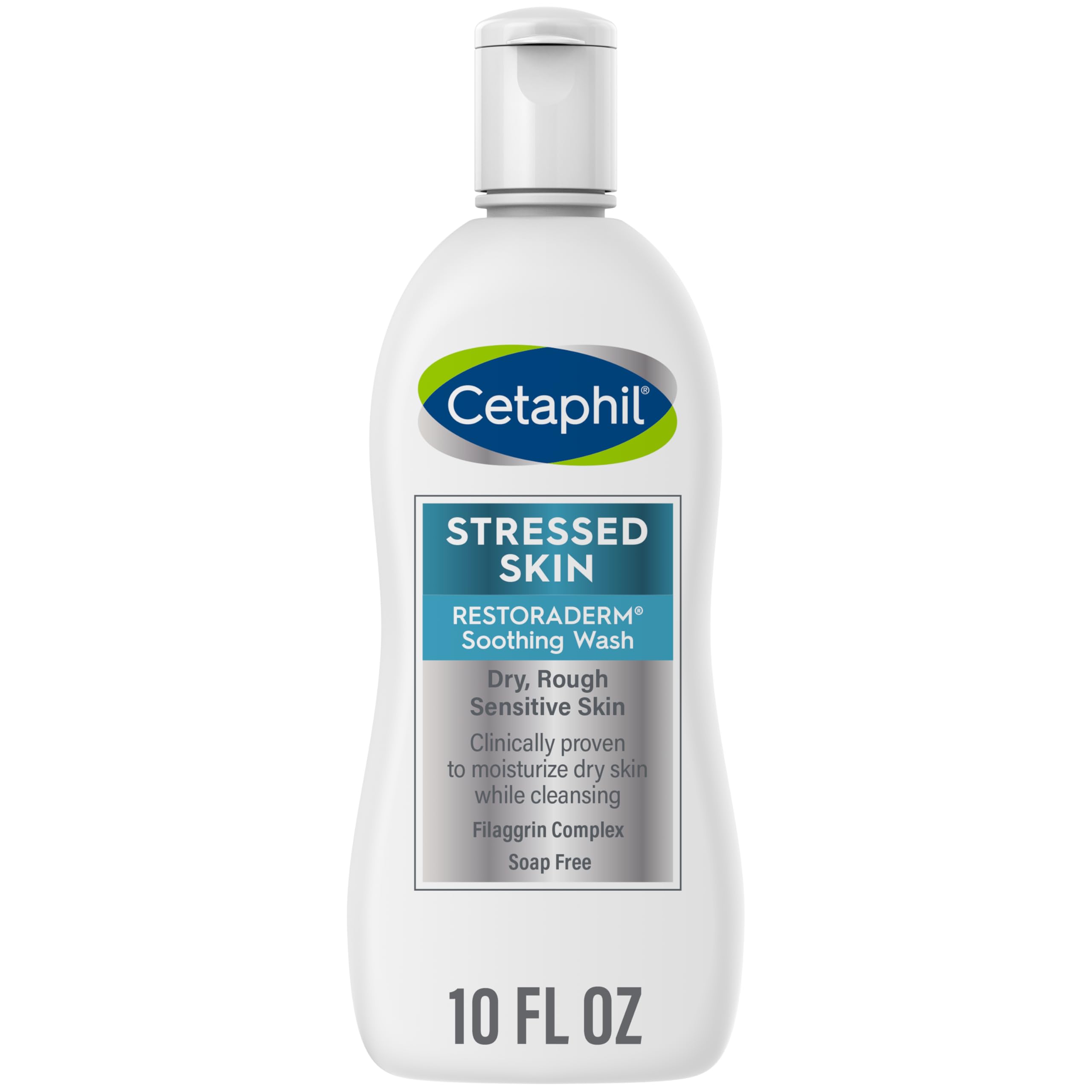 Cetaphil RESTORADERM bottle front showing the soothing wash for dry skin and its subtle branding