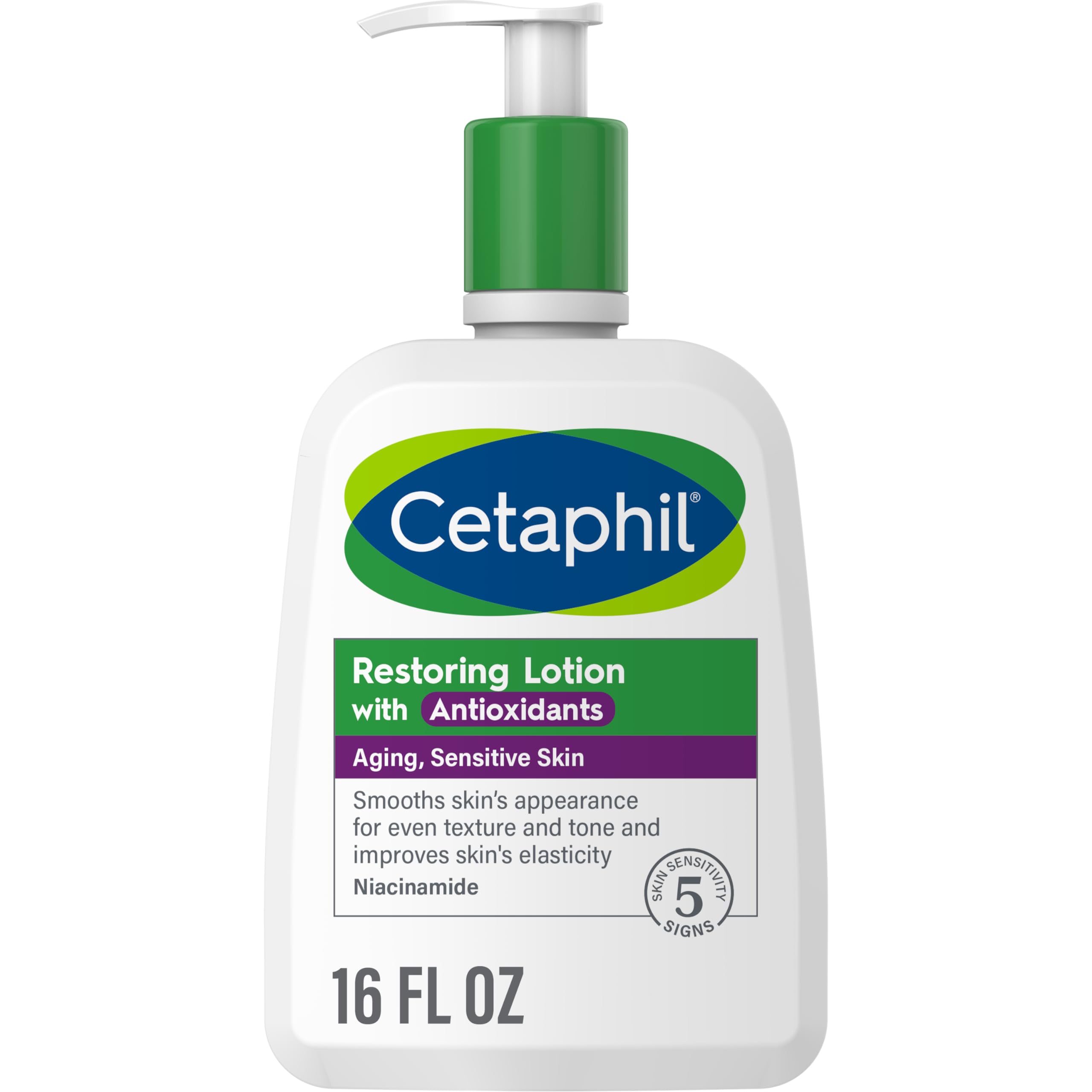 Cetaphil Restoring Antioxidants: botella de 16 onzas para hidratación diaria de piel sensible.