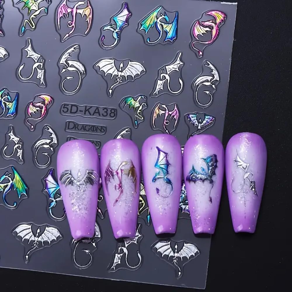 CEWEWP arte de uñas 5D, murciélago-dragón, efectos brillantes en plateado.
