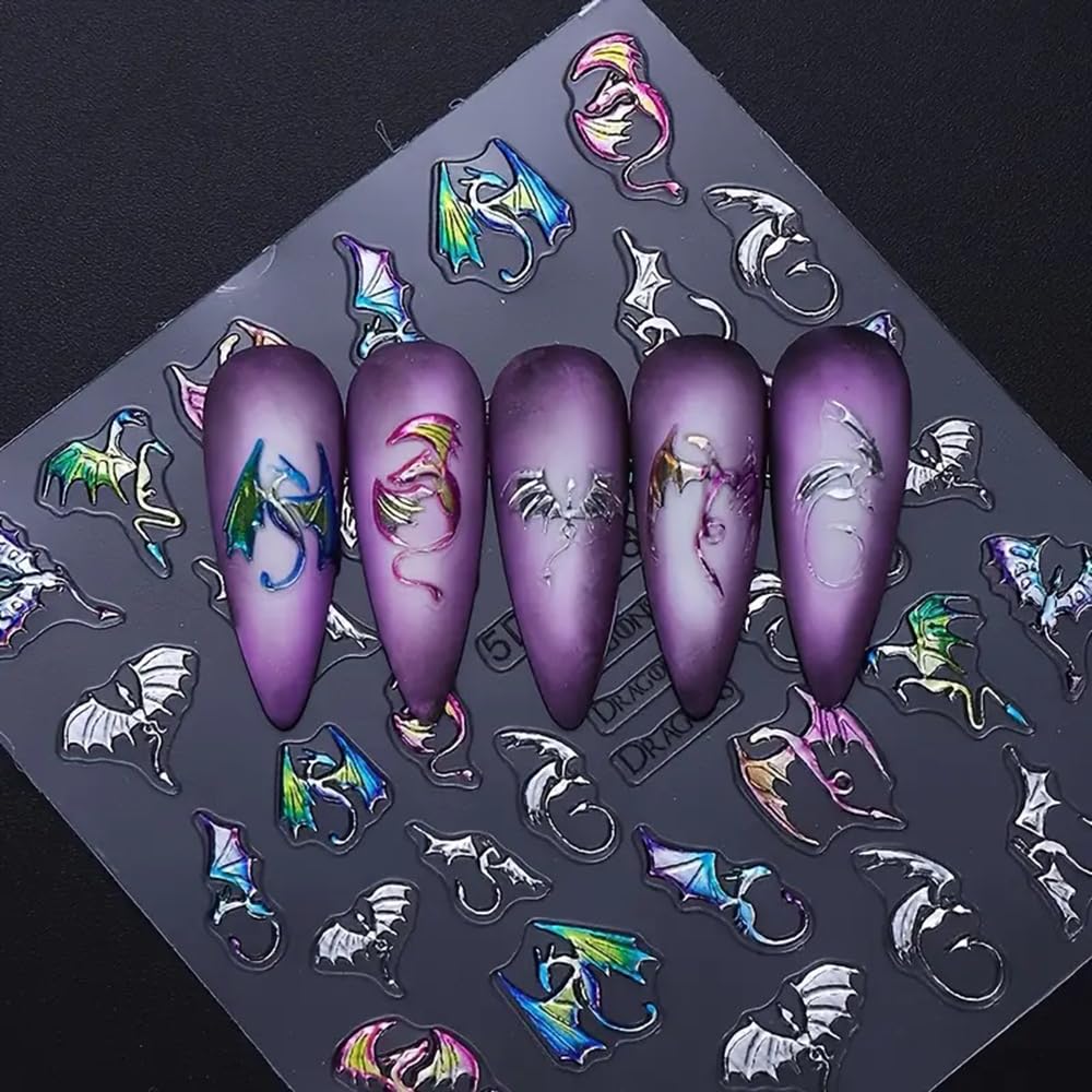 CEWEWP pegatinas 5D dragón-metalico, murciélago plateado para uñas.