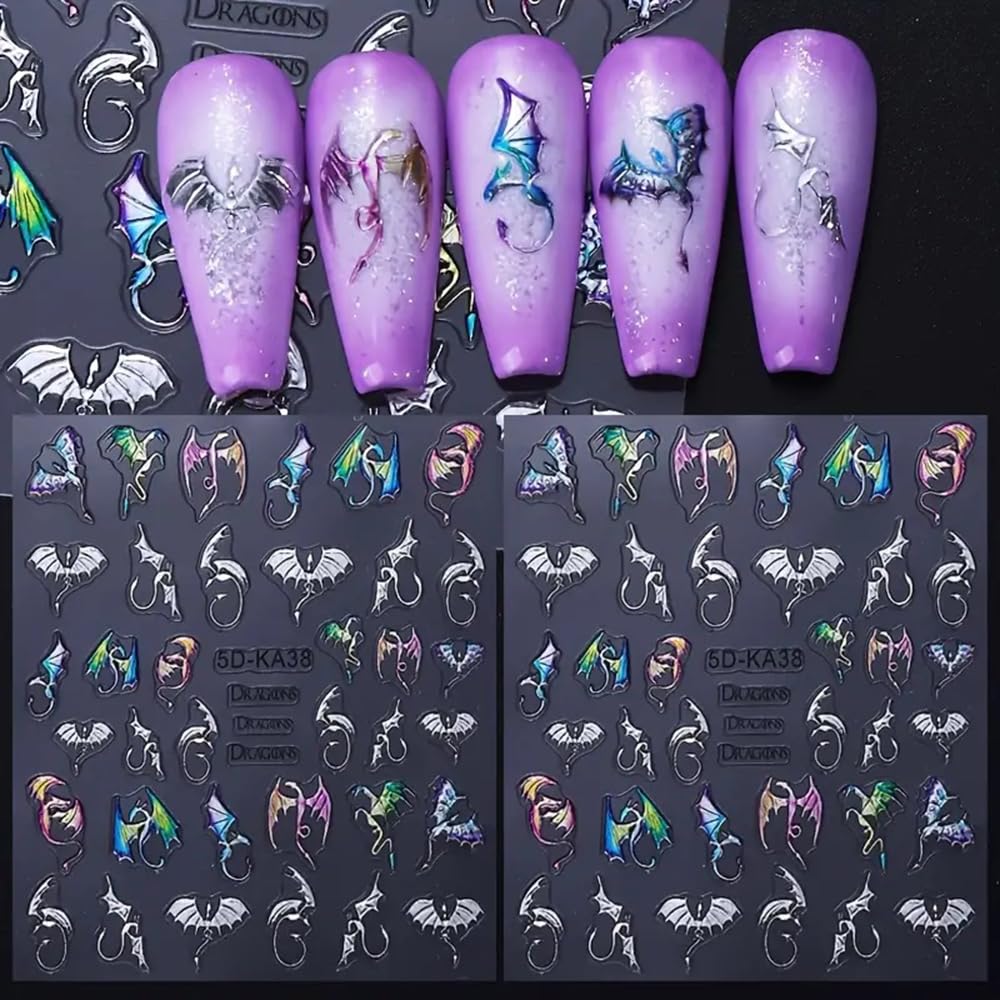 CEWEWP calcomanias 5D para uñas, murciélago-dragón para UV y uñas artificiales.