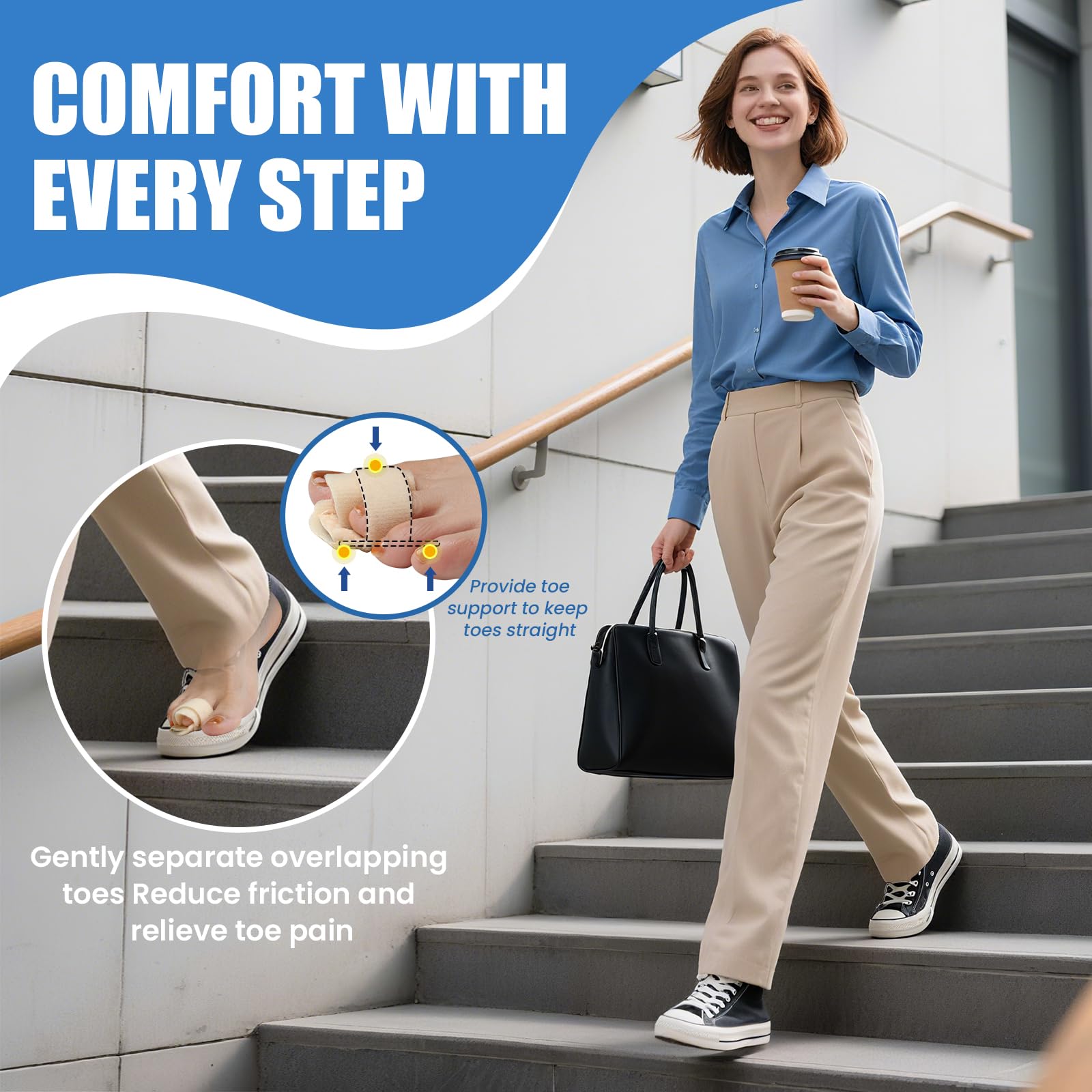 CEYOME Hammer Toe Straightener worn on the foot supports adjustable toe alignment.