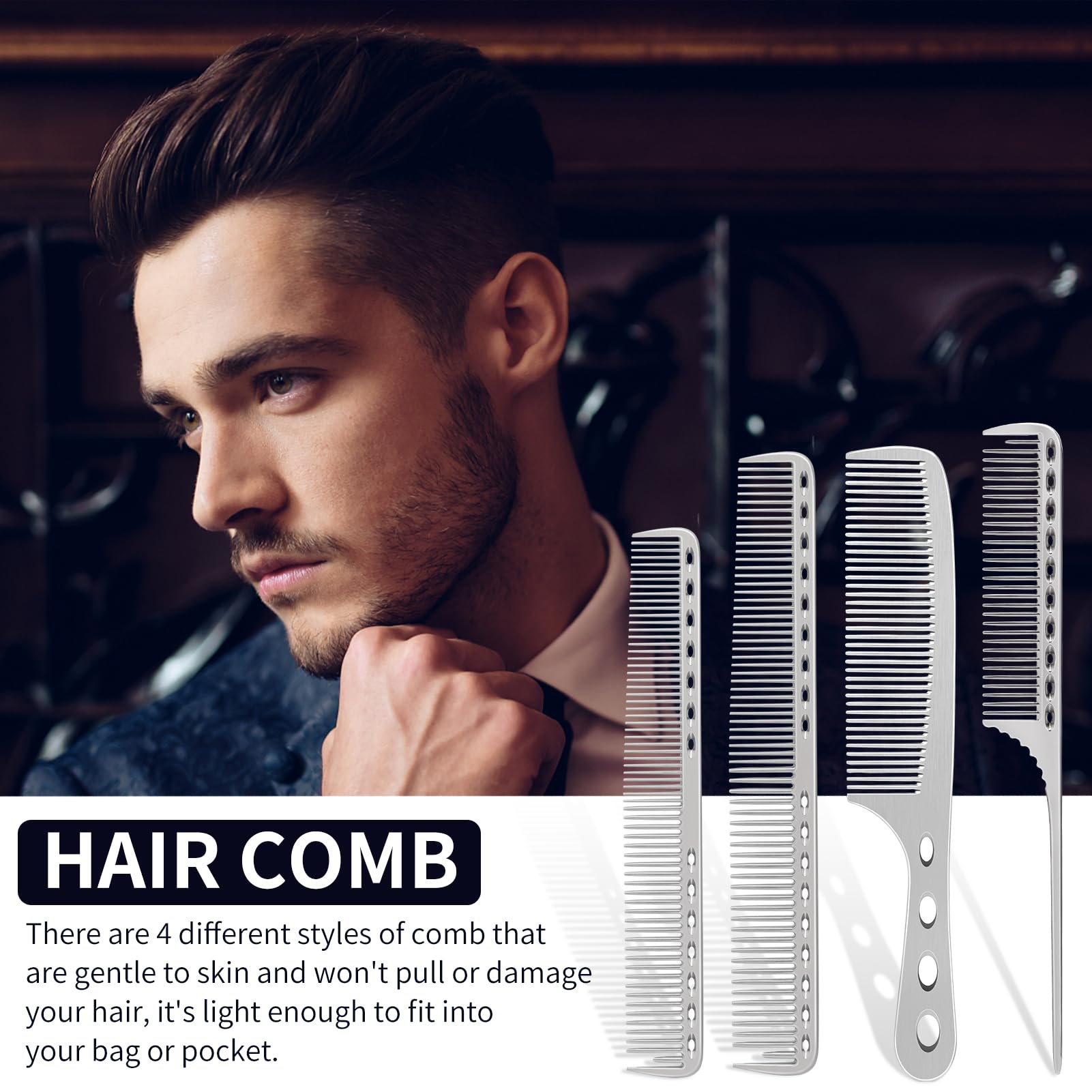 CGBARBER stainless steel tail comb for clean parting and detailing.