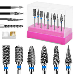 CGBE Nail Drill Bits Set with tungsten carbide, 10-piece range for versatile nail care.