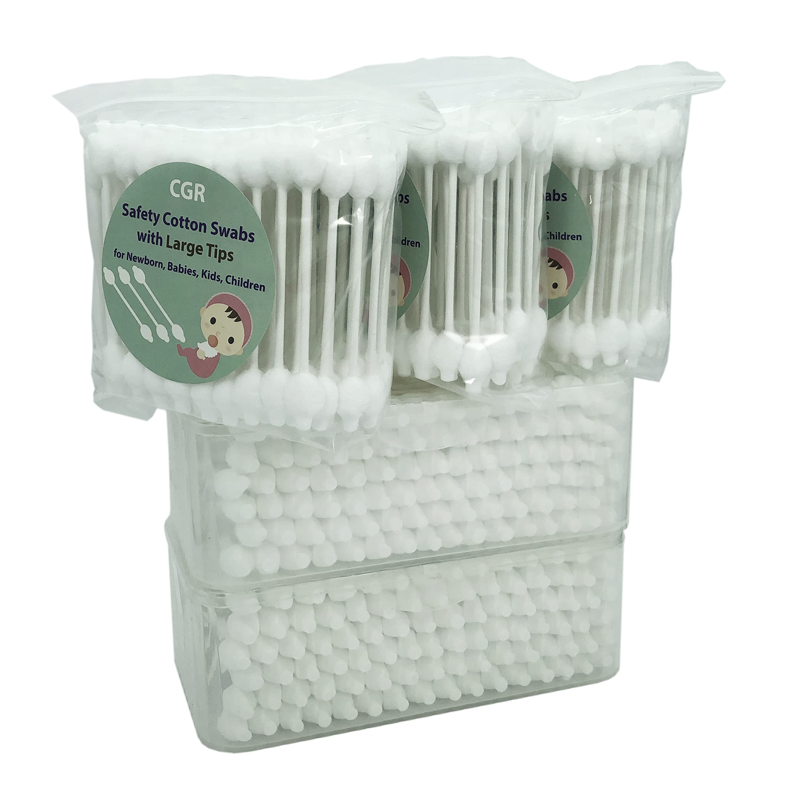 CGR baby safety cotton swabs with large tips in close-up for gentle infant care.
