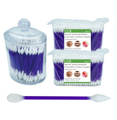 CGR precision cotton swabs in acrylic canister with pointed tips for precise makeup touch-ups.