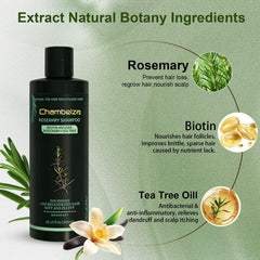 Chambelza Rosemary Shampoo ingredients close-up highlights natural extracts and keratin for resilience.