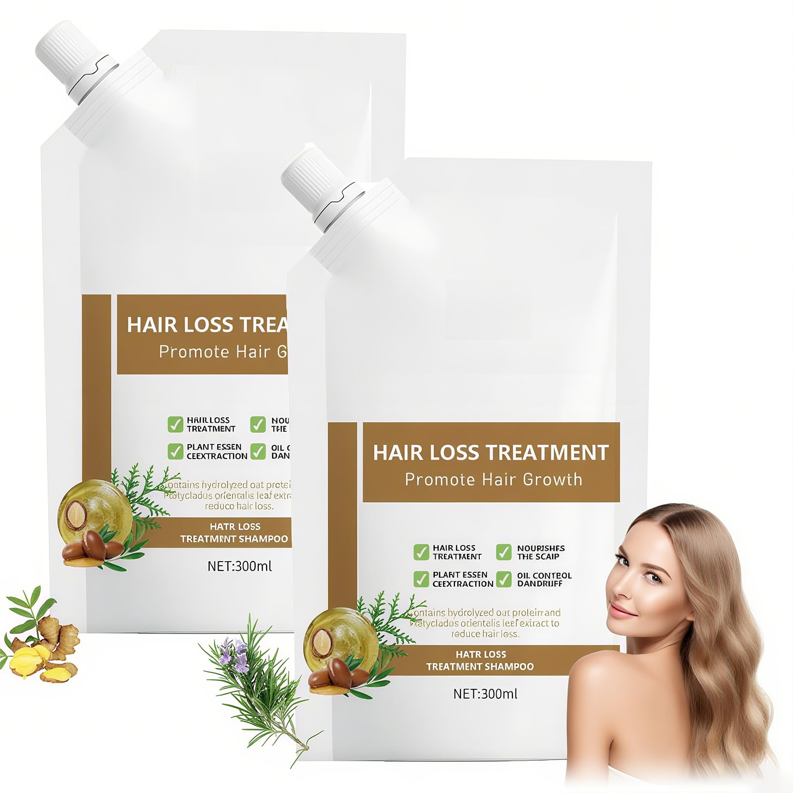 Champú anti-caída dos botellas, frontal, cuidado suave para cabello más sano.