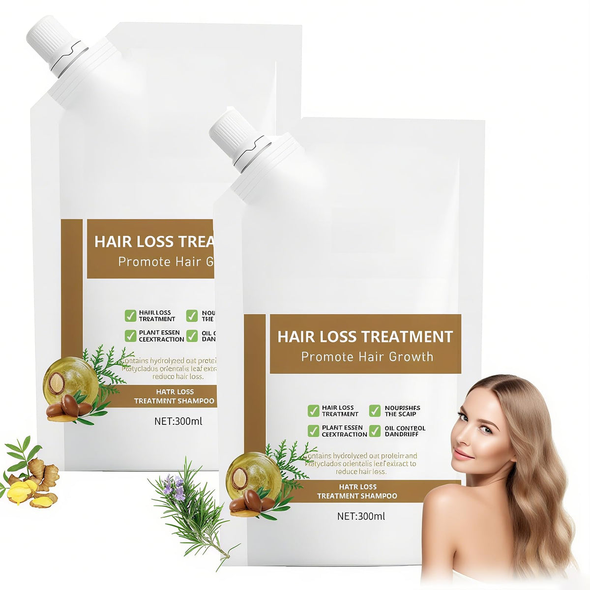 Champú anti-caída dos botellas, frontal, cuidado suave para cabello más sano.