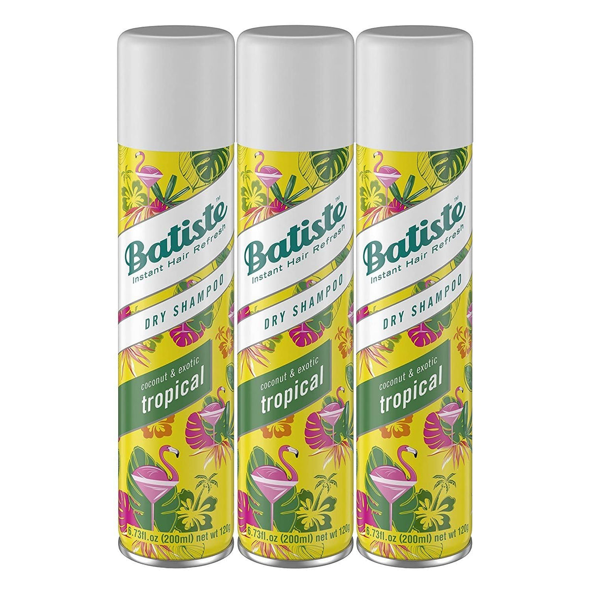 Batiste Tropical Champú Seco en botella para cabello sin grasa.
