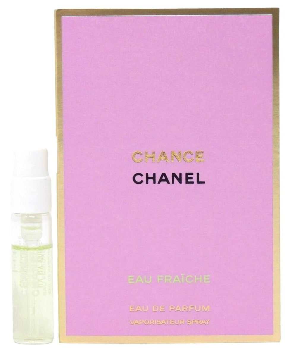 Chanel Chance Eau Fraiche bottle pour highlights citrus and jasmine for daytime freshness.