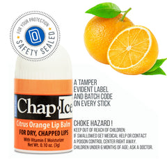 CHAP-ICE citrus orange mini lip balm close-up with refreshing aroma.