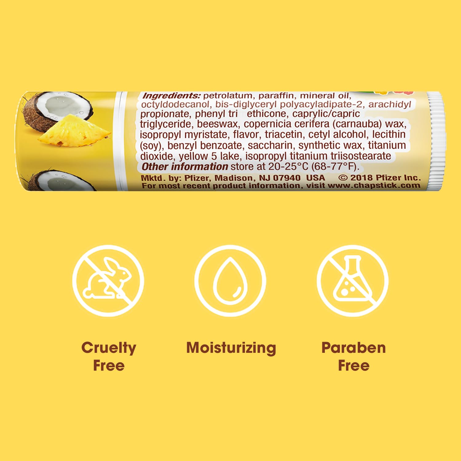 ChapStick Aloha Coconut muestra aplicación suave para labios secos y confortables.