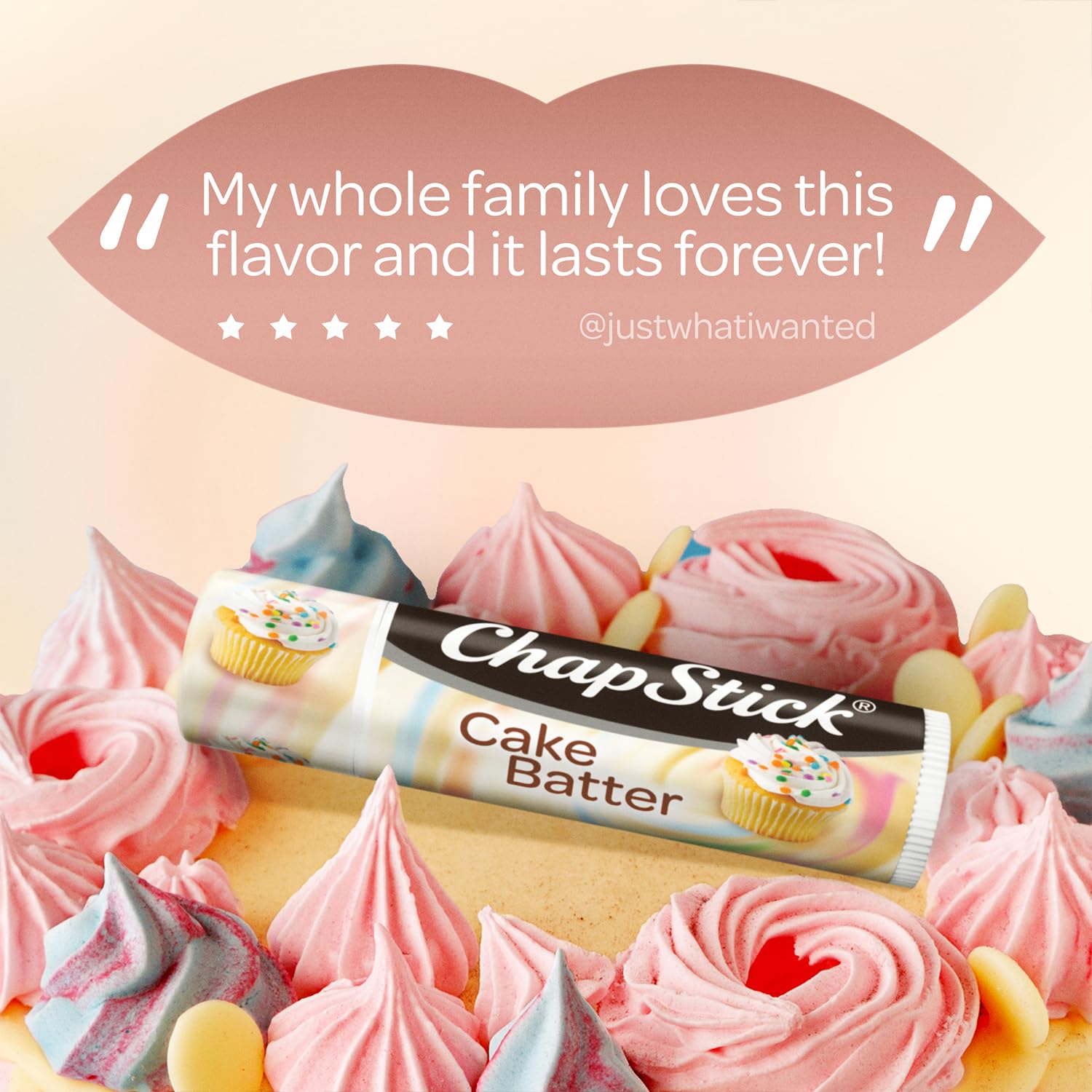 ChapStick Cake Batter back view highlights paraben-free and cruelty-free formula.