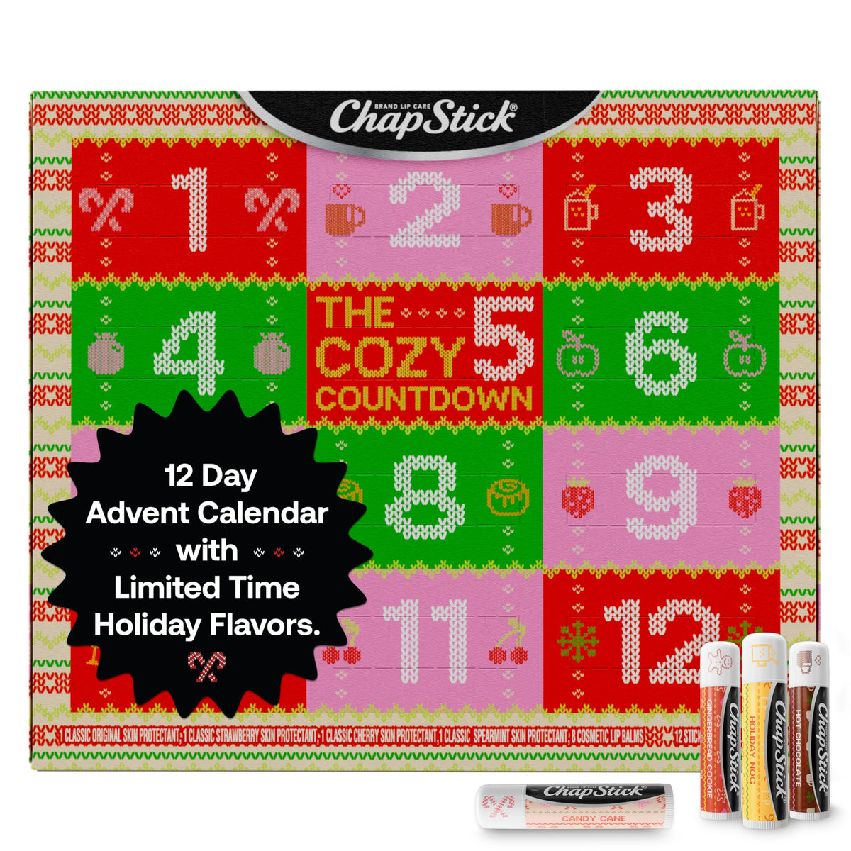 ChapStick calendario adviento 2025 con bastón de caramelo, ideal para hidratación suave diaria.