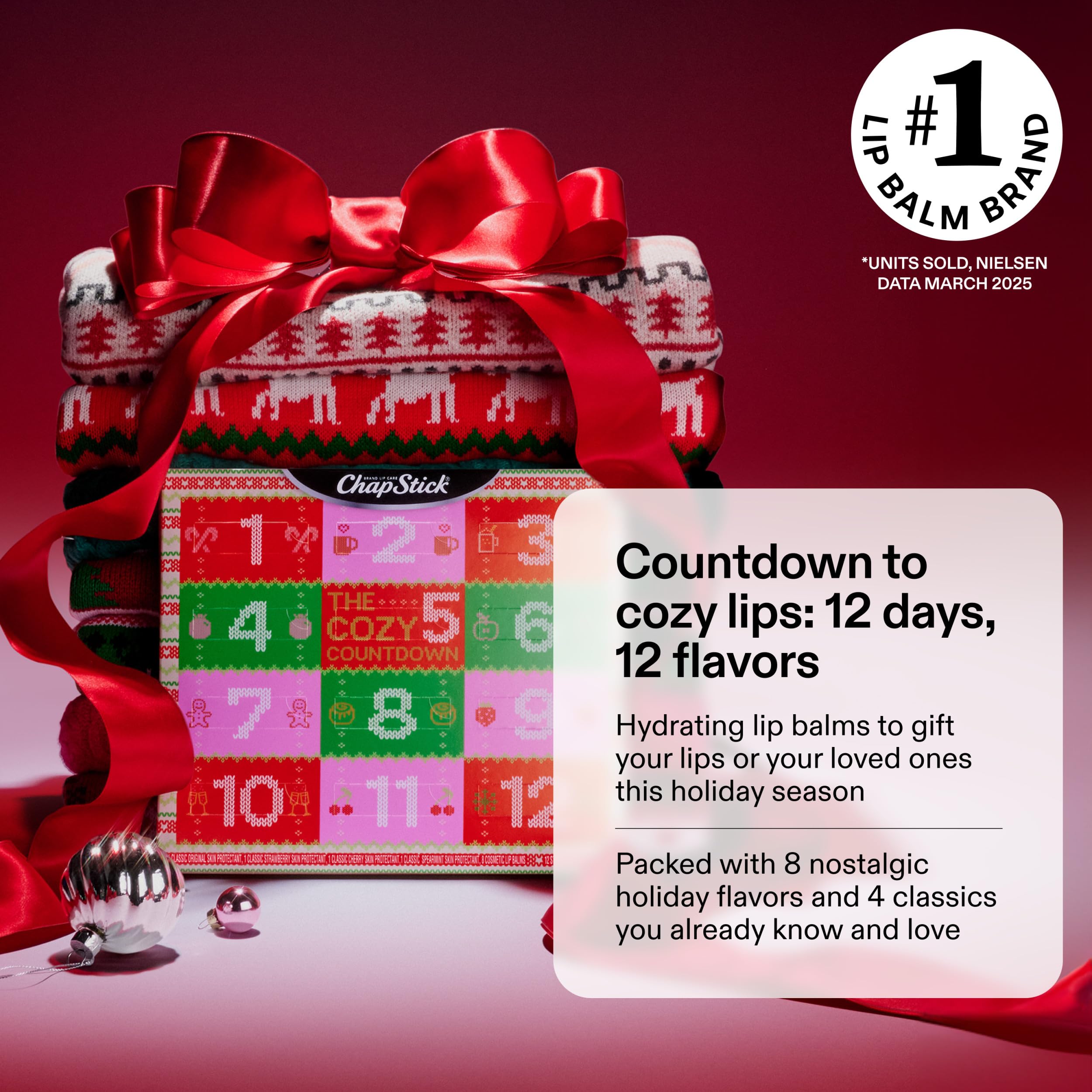 ChapStick calendario adviento 2025, empaque navideño acogedor, perfecto como regalo y cuidado diario.