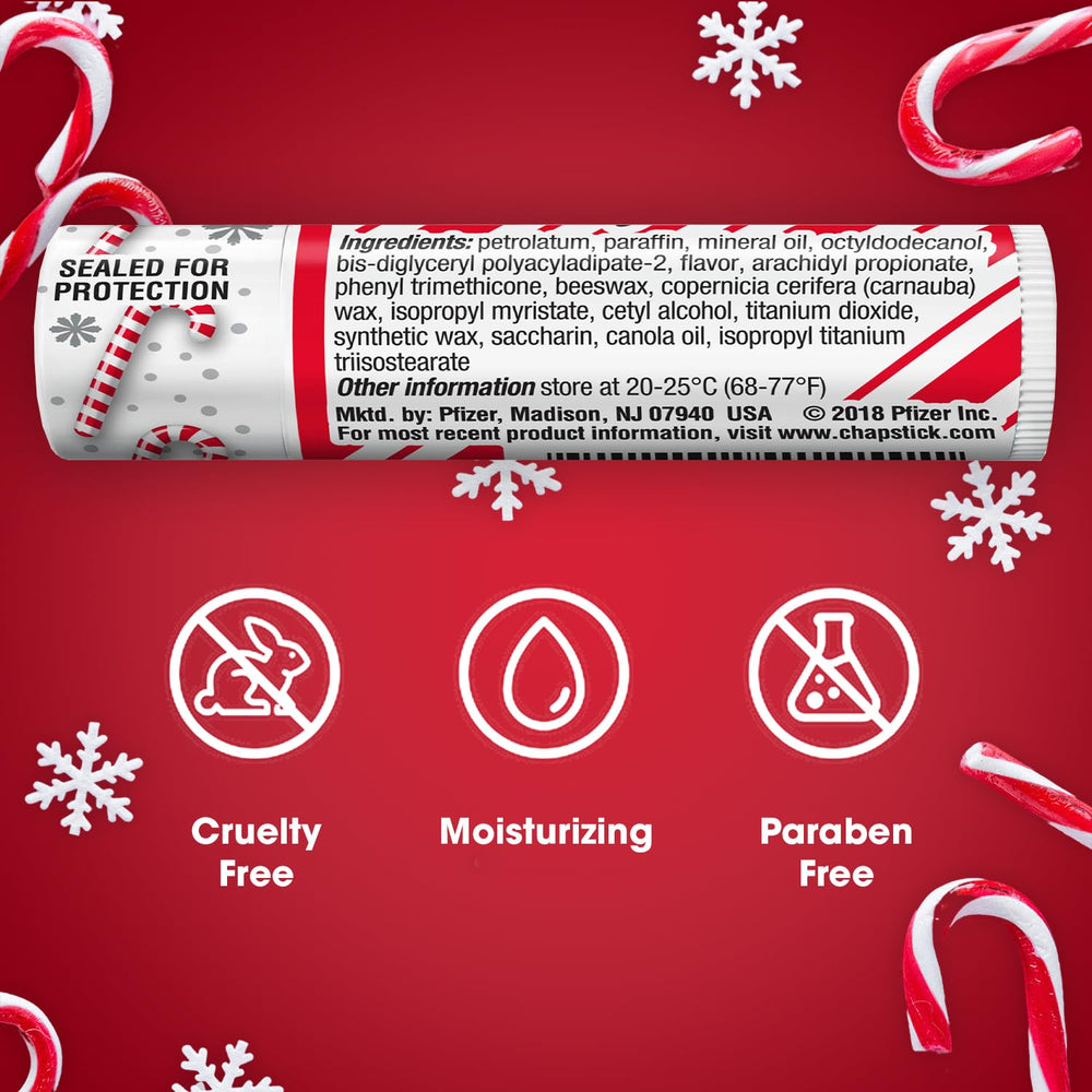 ChapStick Candy Cane holiday scene highlighting minty flavor and soft lips.