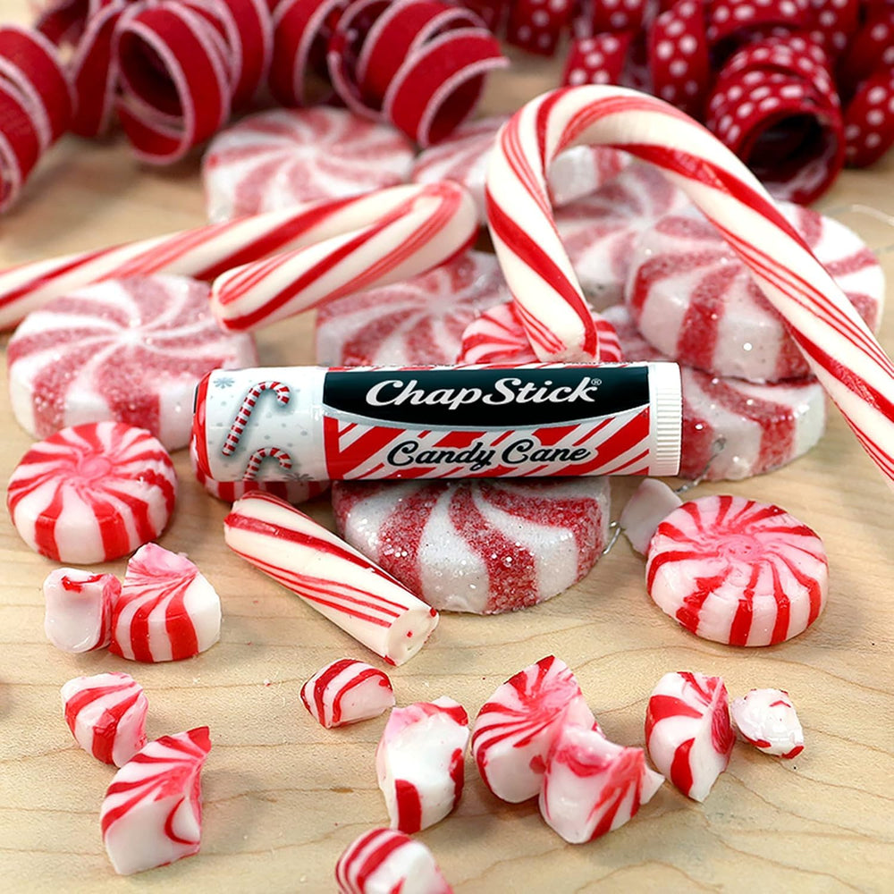 ChapStick Candy Cane lip balm on palm showing smooth glide and minty scent.