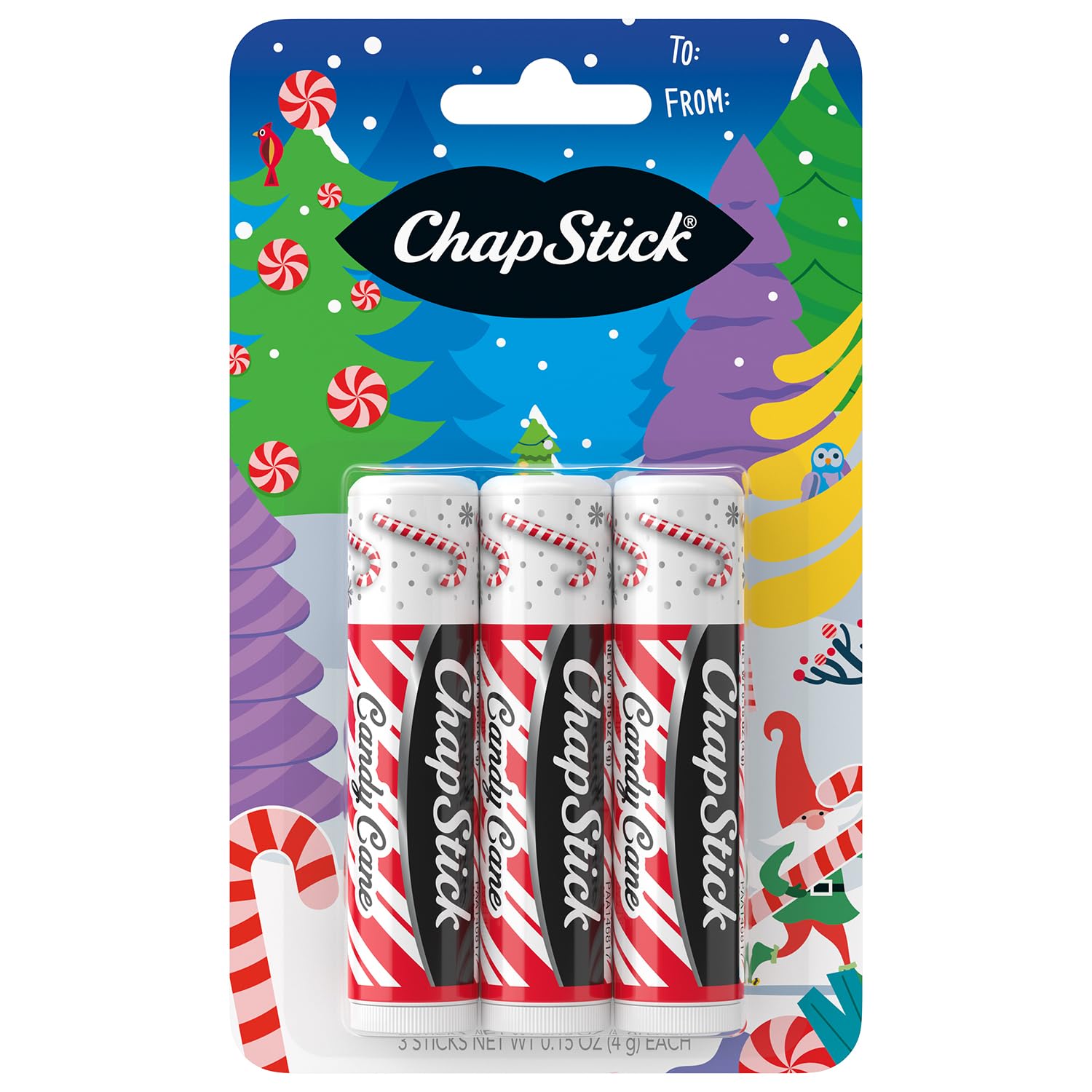 ChapStick Candy Cane lip balm tubes in a convenient 3-pack for on-the-go moisture.