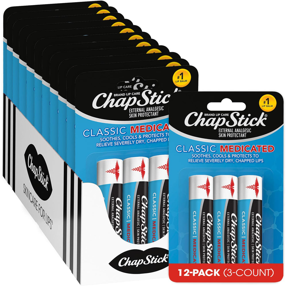 ChapStick Classic Medicated bulk 3-Pack with 36 tubes for everyday lip care.