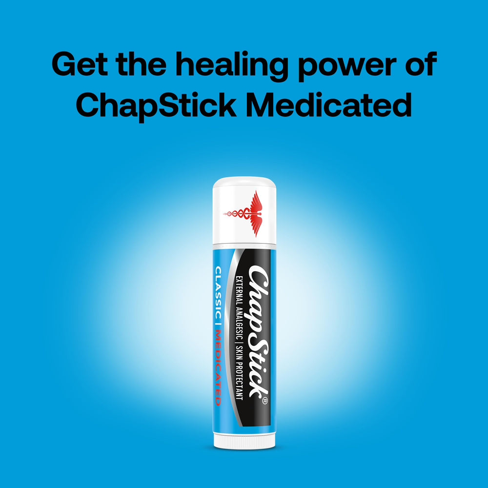 Close-up of ChapStick Classic Medicated tube ready to glide smoothly.