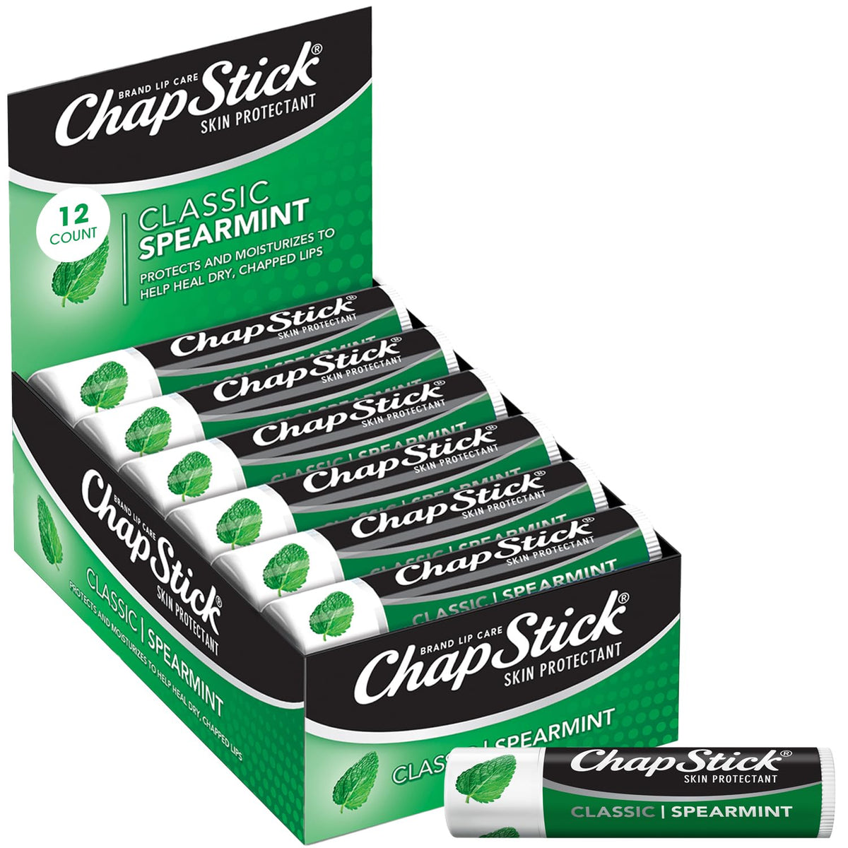 ChapStick Classic Spearmint 12-pack tubes on display for easy lip care.