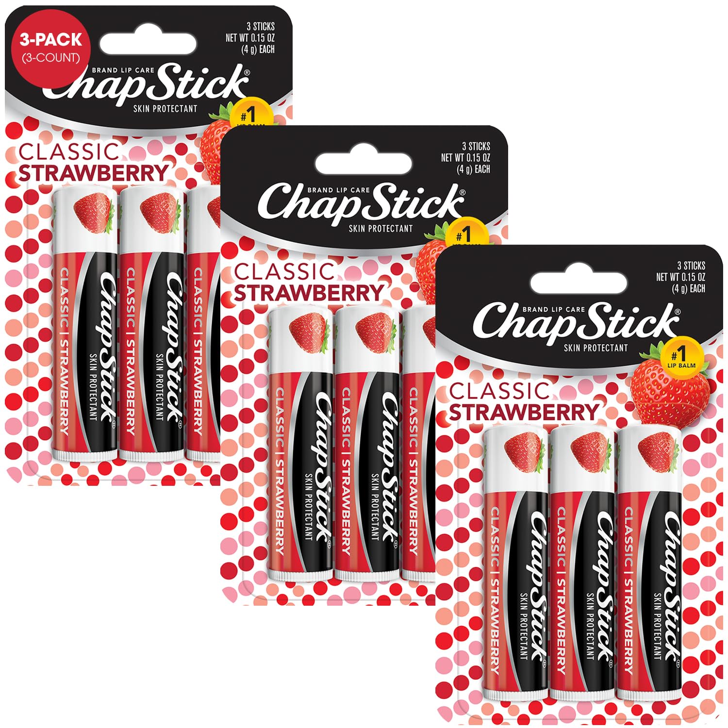ChapStick Classic Strawberry en tubo rosado para hidratación rápida.