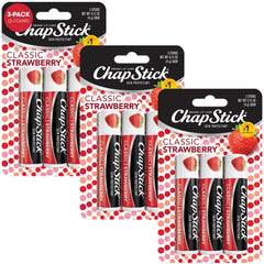ChapStick Classic Strawberry en tubo rosado para hidratación rápida.