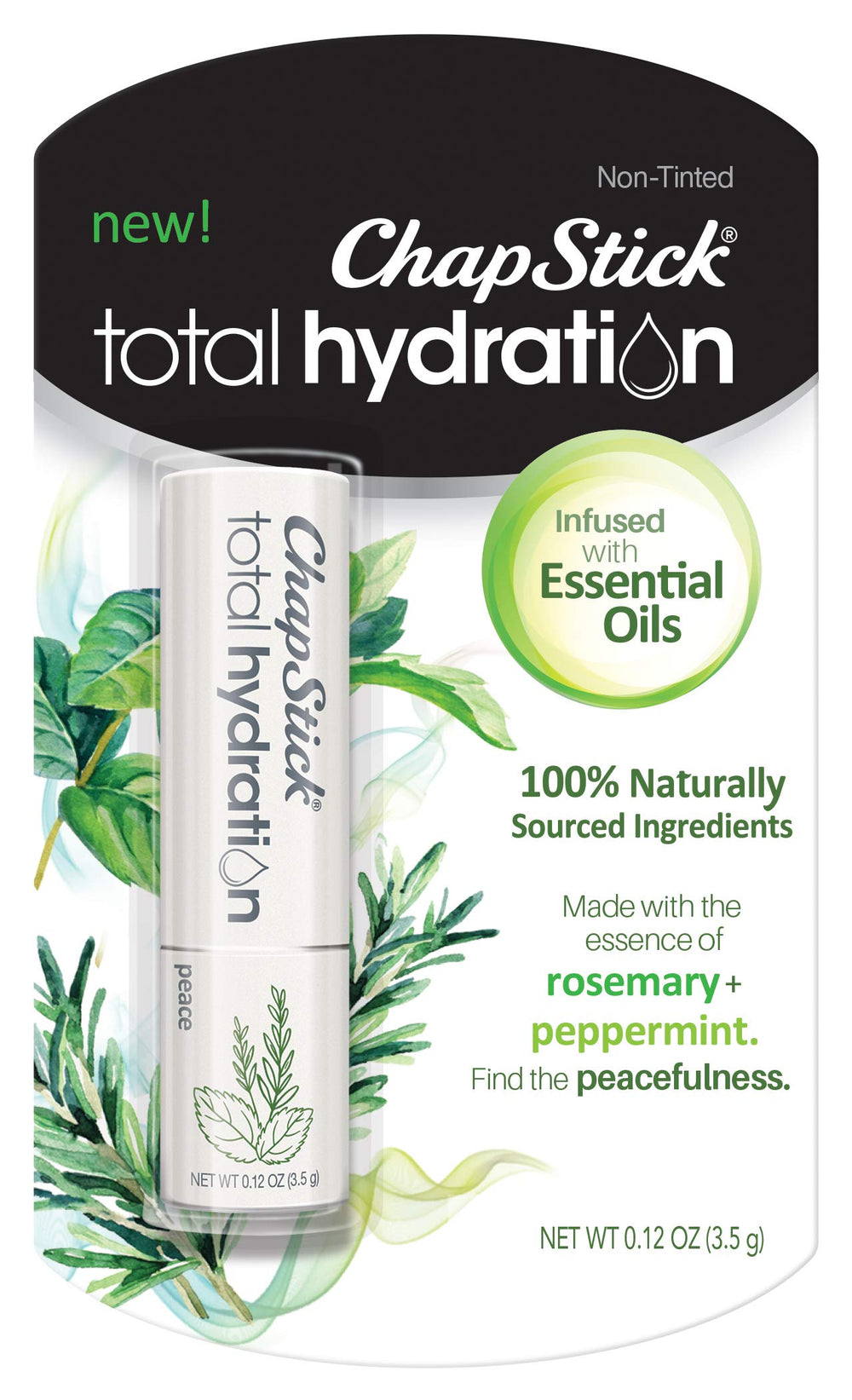 ChapStick Hidratación Total Paz: bálsamo labial con romero y menta para hidratación duradera.