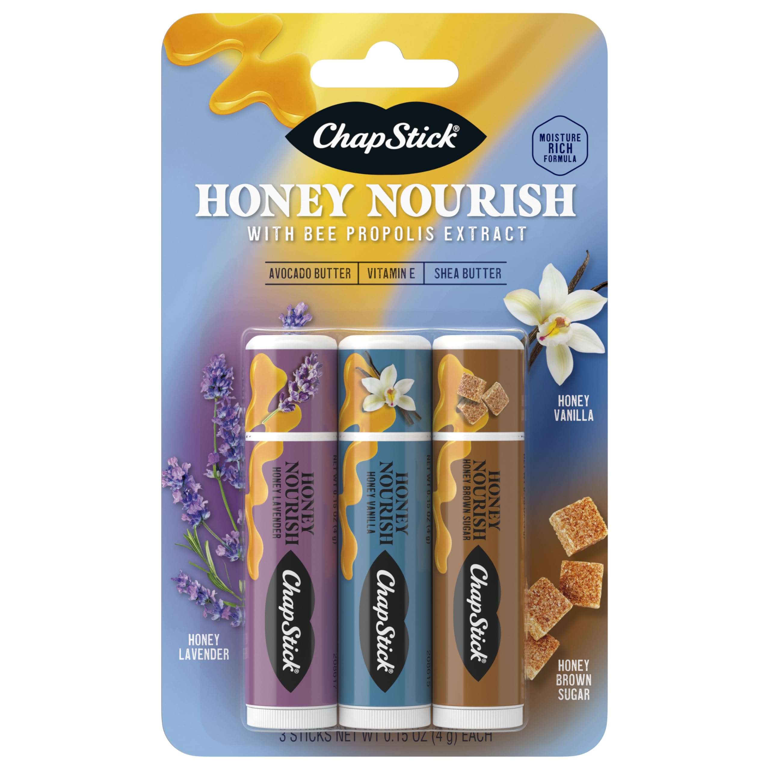 ChapStick Honey Nourish Vanilla lip balm tube showing smooth daily moisture benefits