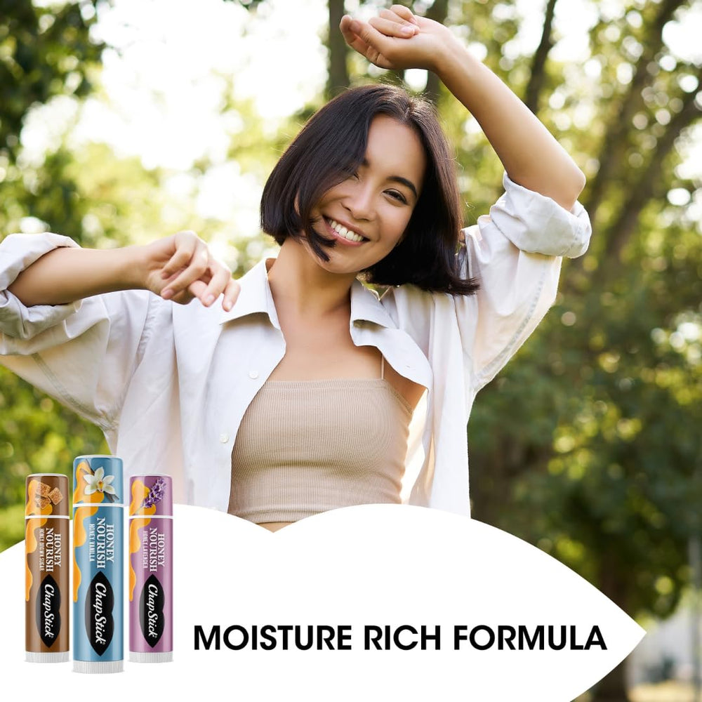 Vitamin E boost in ChapStick Honey Nourish lip balm close-up