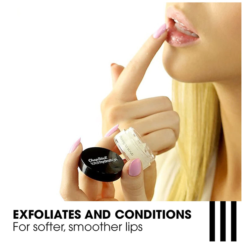 Sugar crystal texture close-up on ChapStick Sugar Plum Lip Scrub for gentle exfoliation