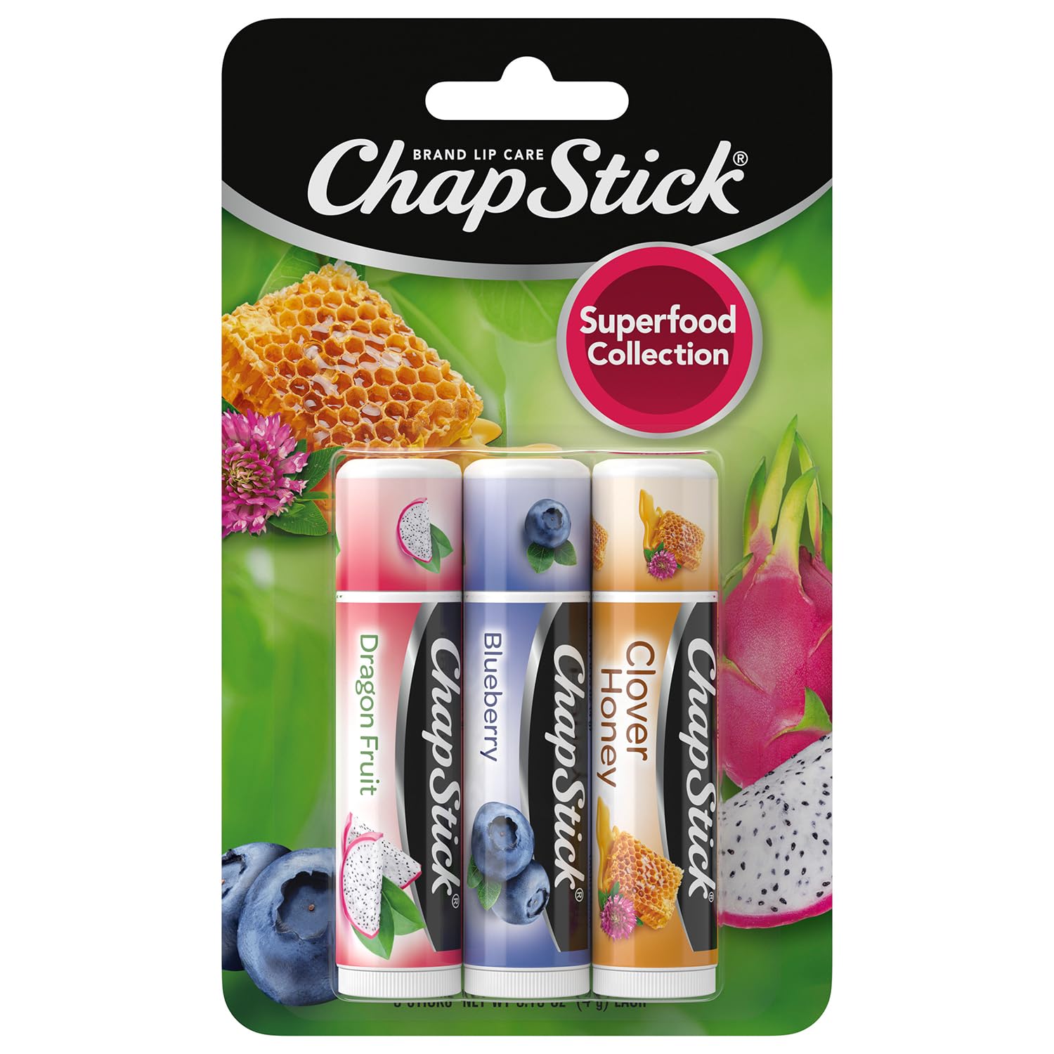 ChapStick Superfood Balm Dragon Fruit 3-Pack on the go for daily moisture.