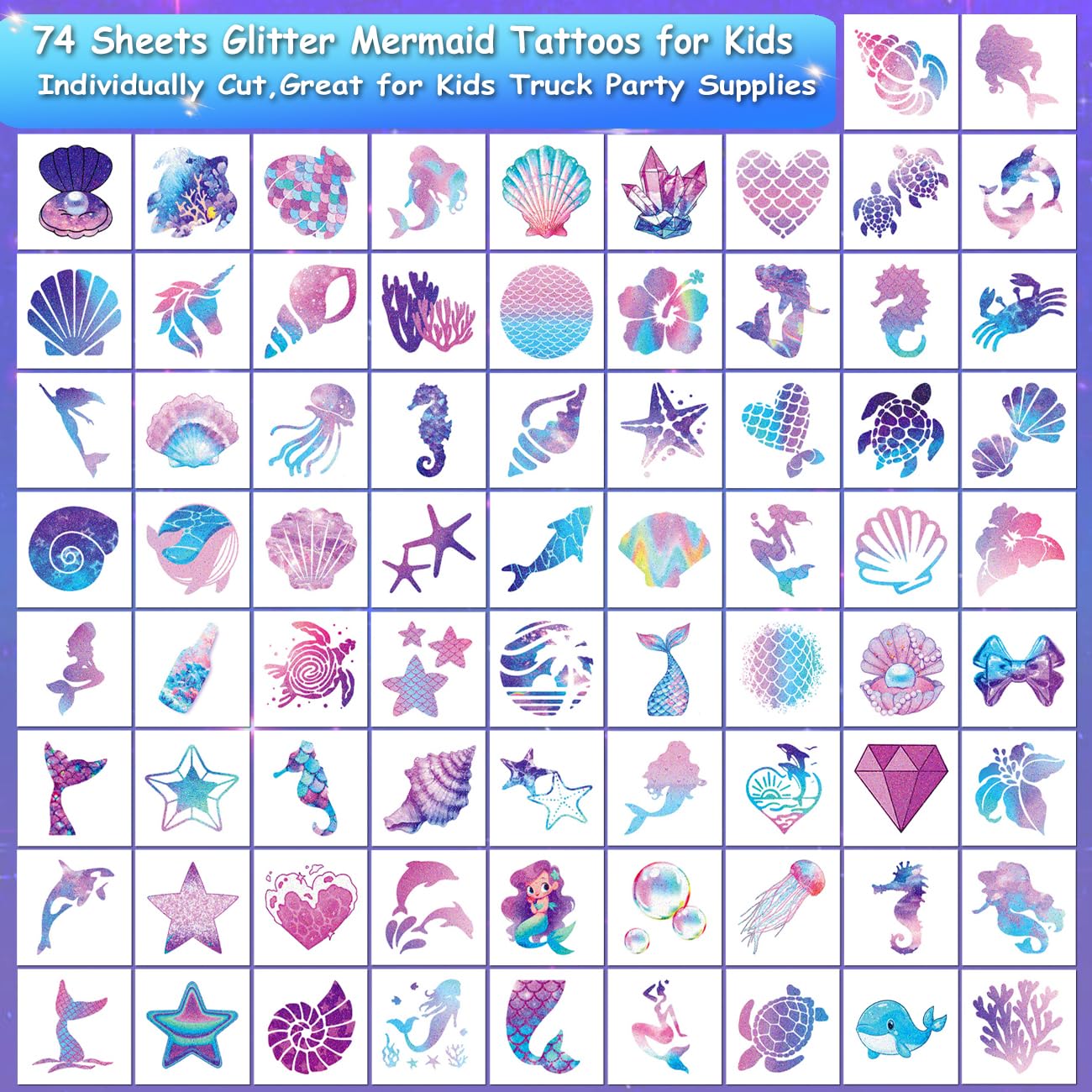 Conjunto de 74 tatuajes sirena CHARLENT para fiestas infantiles.