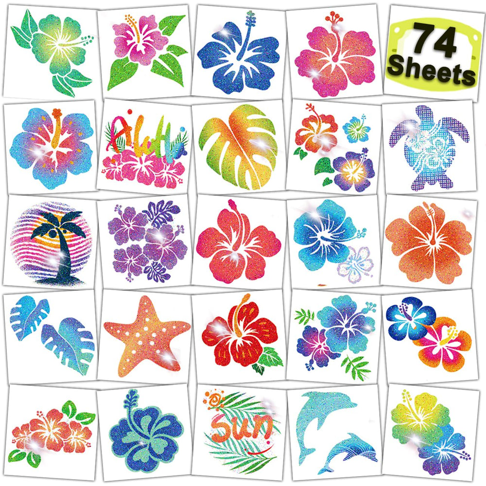 CHARLENT Tatuajes brillo Hibisco para fiesta Aloha, hacen sonrisas entre niños.
