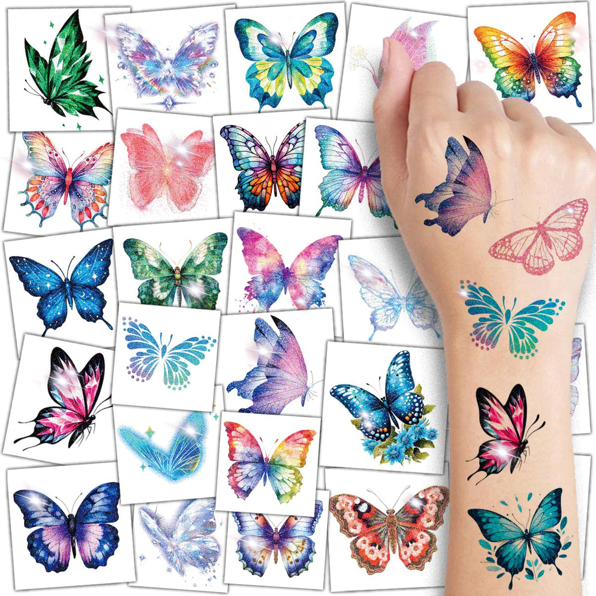 Charlent tatuajes glitter mariposa, primer plano de diseños brillantes para fiestas