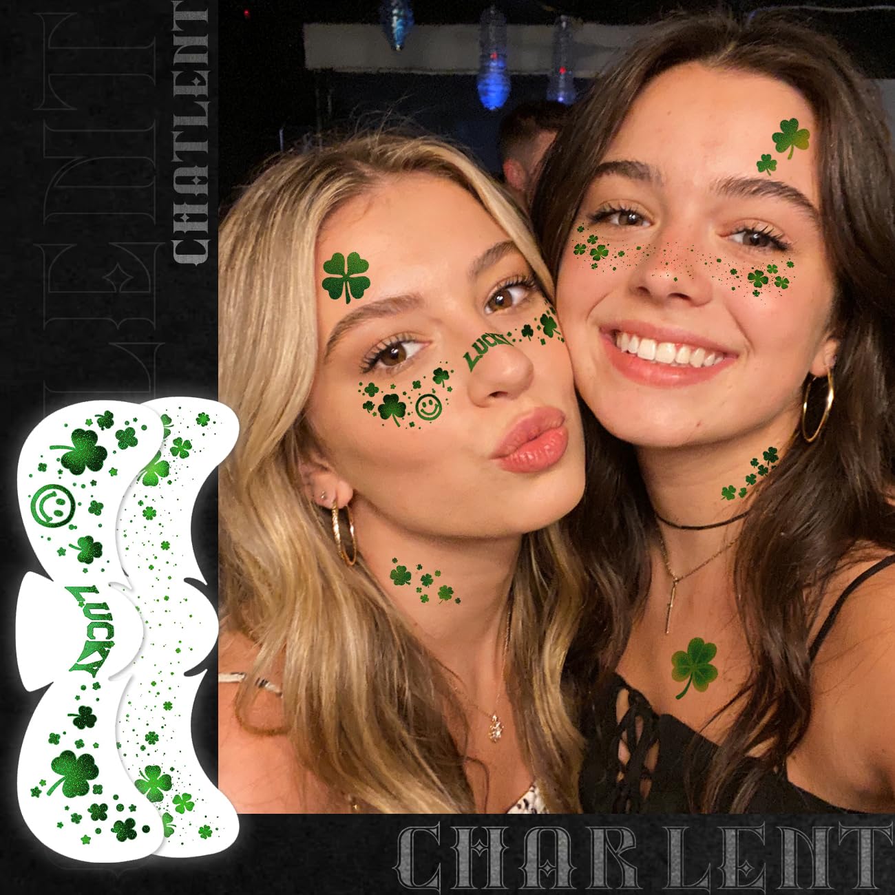 CHARLENT tatuajes de pecas brillantes con treboles para rostro, facil de aplicar.