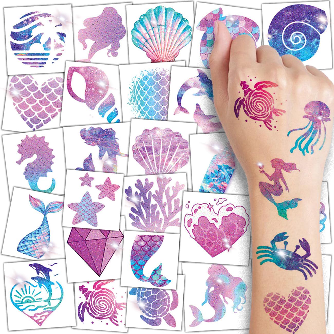 Tatuajes temporales CHARLENT brillo sirena para niños, fáciles de aplicar y duraderos.