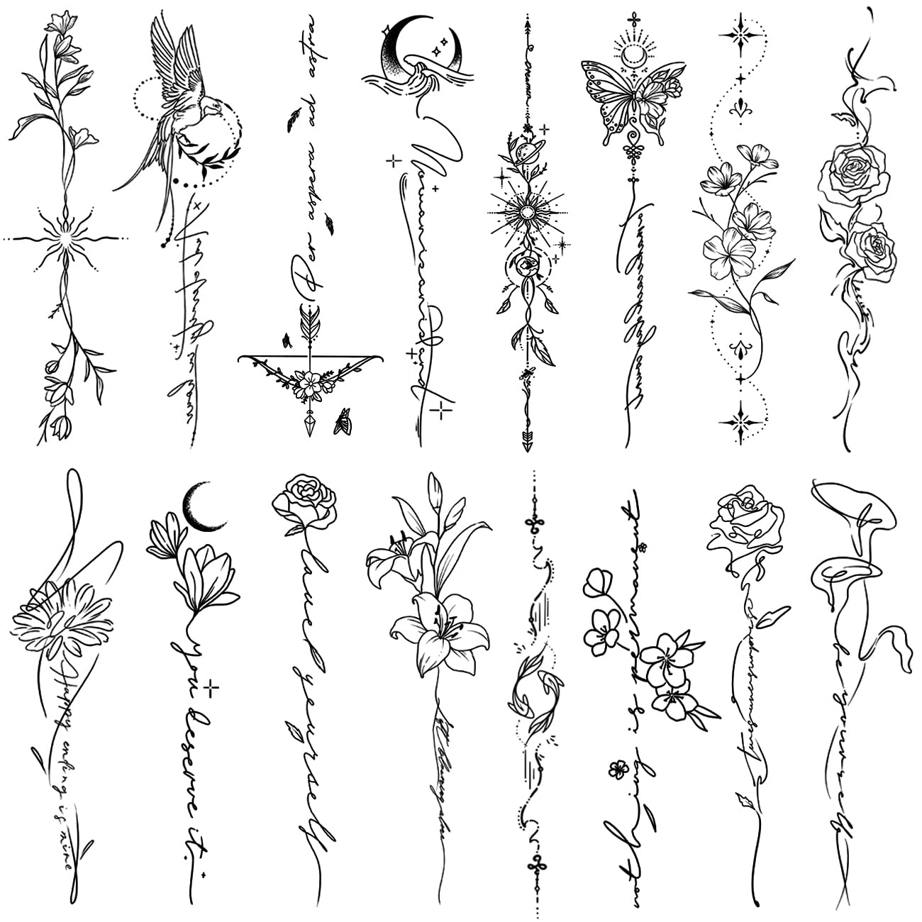 Tatuajes temporales CHARLENT con líneas y flores, para brazos o espalda.
